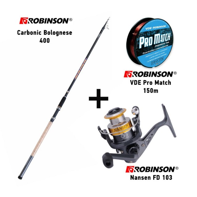 Καλάμι ROBINSON CARBONIC BOLOGNESE 400 + Μηχανισμός ROBINSON NANSEN FD 103 + Πετονιά ROBINSON PRO MATCH 150m main image